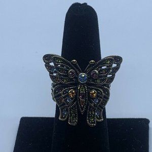 Heidi Daus Gold Tone Butterfly Ring W/ Multi Colored Stones Size 6 3/4